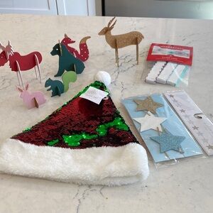 Sequin Santa Hat with White Trim, holiday wall and Woden animal decor